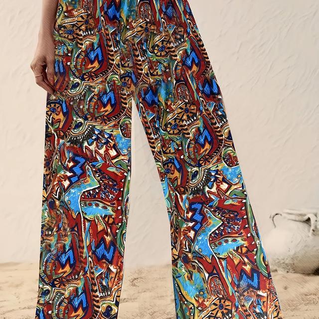 TEMU Elegant High Waist Wide Leg Pants, Polyester Straight Leg Print Knit Fabric With Stretch For Women