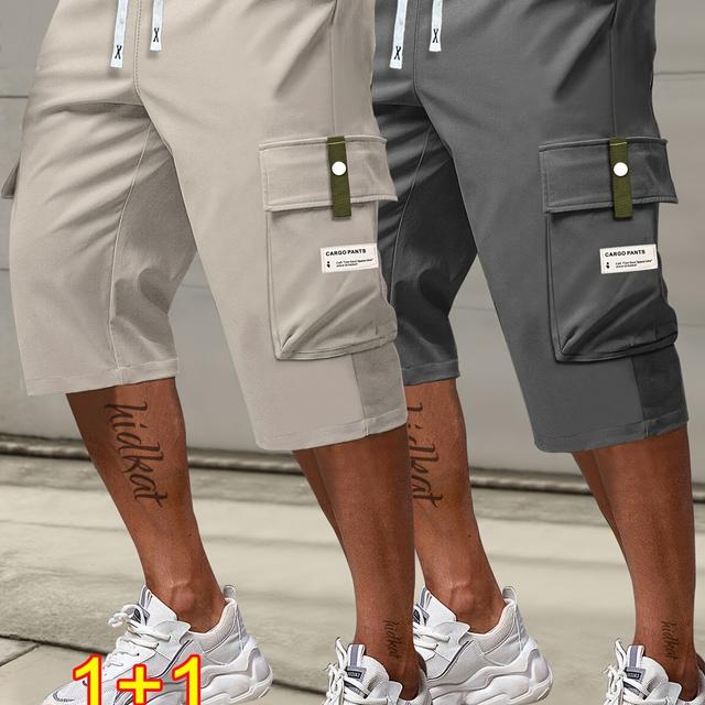 TEMU 2개 남성용 여름용 카고 카프리, 끈 조절 허리, 큰 포켓 & 글자 패치 - 베이지 & 그레이 캐주얼 폴리에스터 무릎 길이 스포츠 바지, 스포츠 카프리|캐주얼 카고 팬츠|부드러운 질감