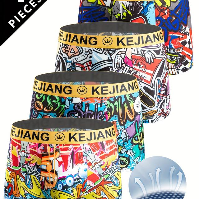 TEMU 4pcs Men's Breathable Boxer Briefs, Graffiti Interesting Patterns Skin-friendly Boxers, Stretch Shorts, Men's Casual Daily Underwear.