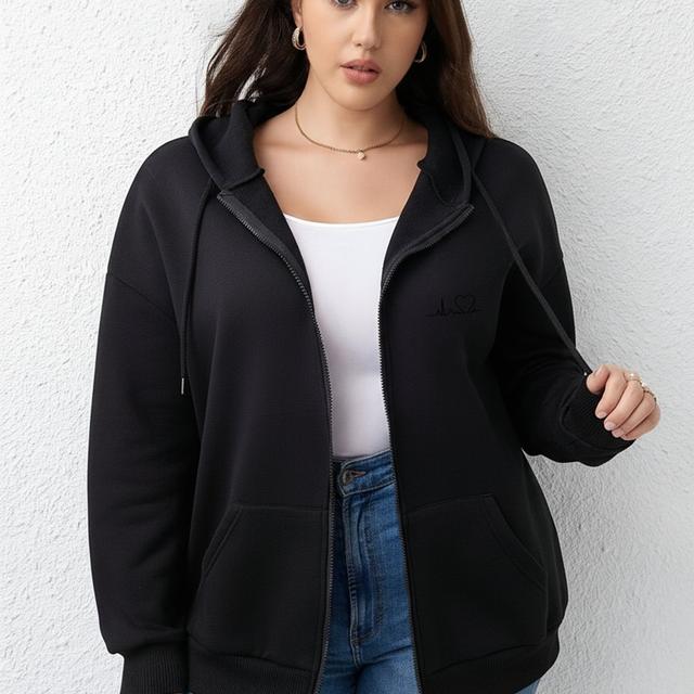 TEMU Talla Grande, Nueva colección otoño-invierno, chaqueta con capucha forrada en polar grueso, estampado con "Diseño de Floral", sudadera casual y cómoda, , con bolsillos y cordón, estilo moderno y