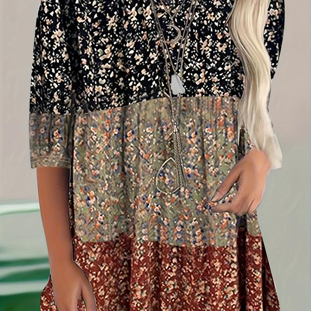 TEMU Plus Size, Plus Size Bohemian Style Three-quarter Sleeve T-shirt Top, Women's Plus Size Floral Print Contrast Stitching Casual Stretchy Top For All