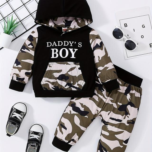 TEMU Baby Letter Slogan Print Camo Pocket Hoodie & Camo Pants Set, For Outdoor