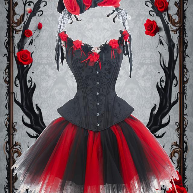TEMU Dunkles gotisches Set aus schwarzem Spitzenkorsett und TUTU-Rock mit Blumenmuster-Netzkrawatte, mexikanischer Totentanz-Halloween-Blutrose-COSPLAY-Outfit