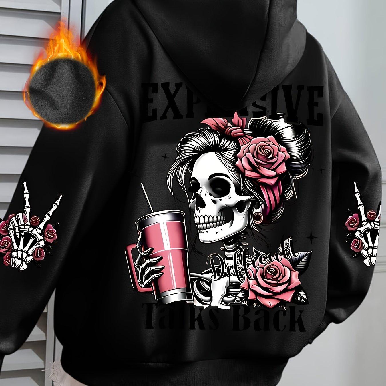 TEMU Back Sleeve Floral Halloween Pattern Women's Hooded Athletic Hoodie Autumn Winter Warm Printed Sweatshirt