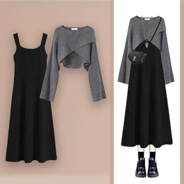 TEMU 【2026年秋冬新作】ルーズクロスデザインセーターセット レディース スリムベスト ドレス 2点セット