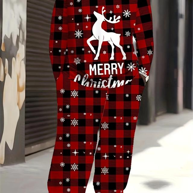 TEMU Plus Size Christmas Sweatsuit Set For Men - Casual Sports Polyester Knit Fabric With Slight Stretch, Crew Neck Long Sleeve Top With Merry Christmas Deer Print, Regular Fit Plaid Patterned Pants