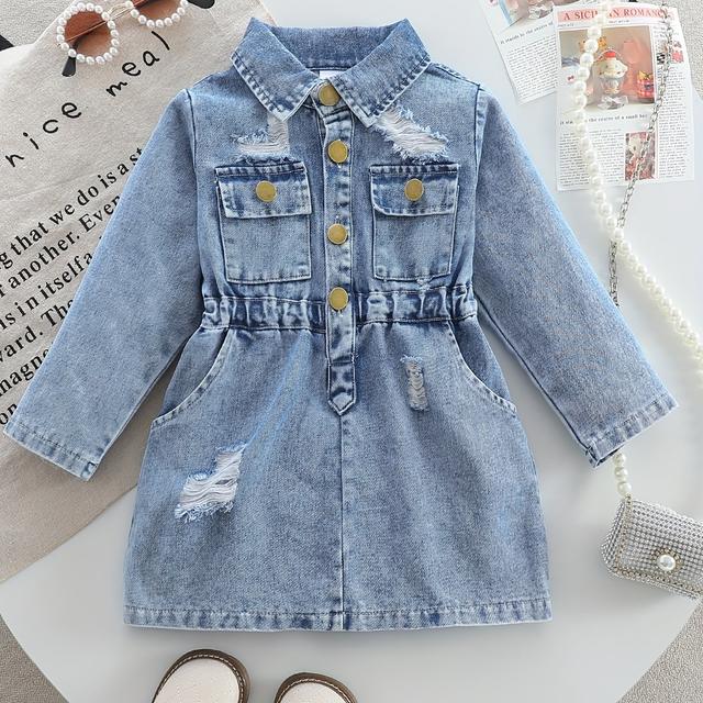 TEMU Új Őszi Európai és Amerikai Stílusú Lányok Denim Body, Fordított Gallérral, Szakadt Designnal, Derékösszel