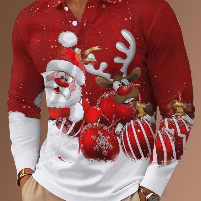 TEMU Polo de Noël à manches longues pour homme - Coupe régulière décontractée en de polyester légèrement extensible, col à et détails boutonnés, imprimé du Père Noël et des
