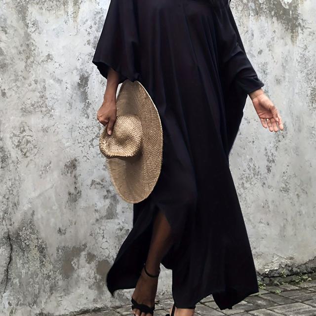 TEMU Elegantes Plus-Size Einfarbiges Kaftan-Kleid - Fledermausärmel, Lockere Passform Maxi-Robe für Frauen | Rayon-Mischung, Nicht-Dehnbarer Stoff | Perfekt für Frühling/Sommer/Herbst