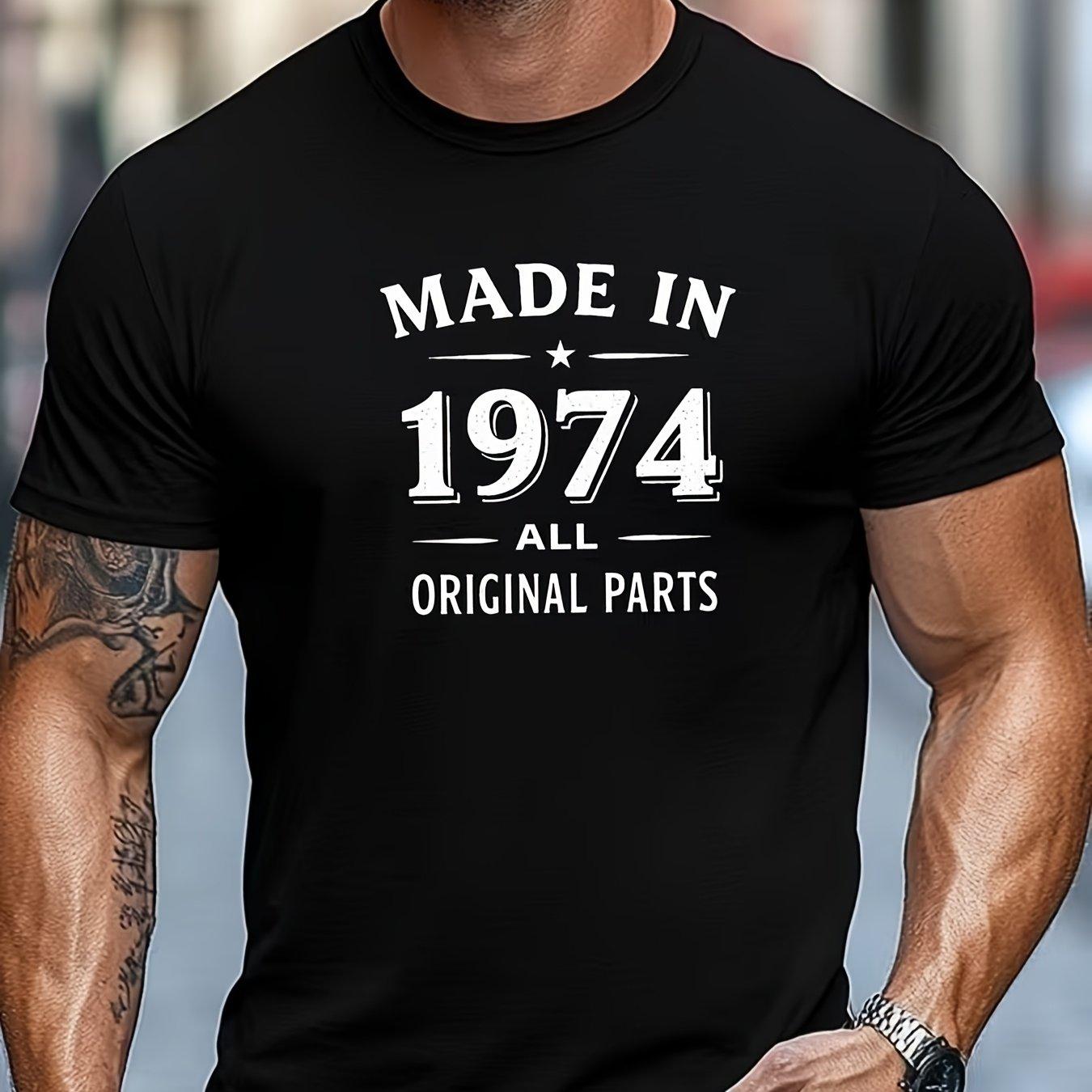 TEMU Men's Summer Casual Short-sleeve T-shirt With A Design That Made In 1974, Featuring Parts