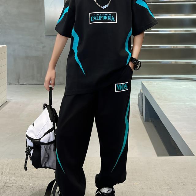 TEMU Jungen Frühling/Sommer Kurzarm Langhose Casual Bequemes Blitzdruck Zweiteiler-Set, Perfekt für Draußen