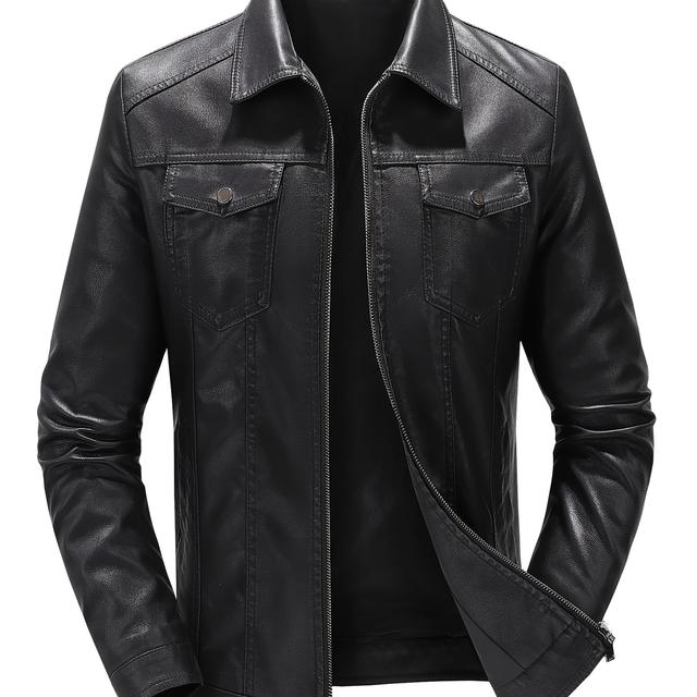 TEMU Men's Casual Motorcycle Jacket - Brown Zip-up Coat With Lapel Collar, Long Sleeves & Pockets For Casual Attire, Motorcycle Riding Gear, Durable Fabric Lining