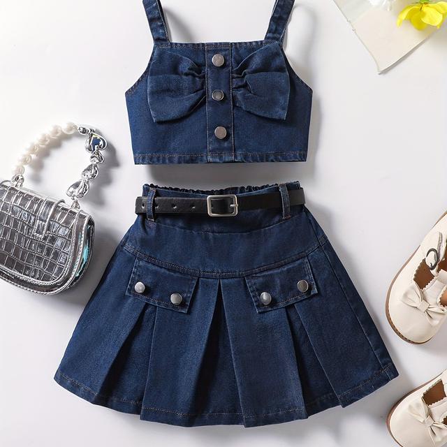 TEMU A Casual Denim Outfit Featuring A Bow Top And A Pleated Skirt Set With A Belt