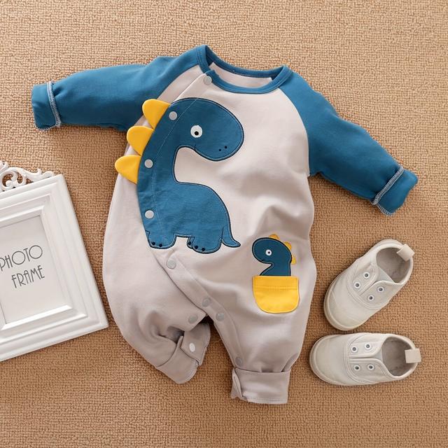 TEMU Hellblaue Dinosaurier-Langarm-Strampler für Babys mit Raglanärmeln und offener Vorderseite, geeignet für Frühling und Herbst, für Draußen