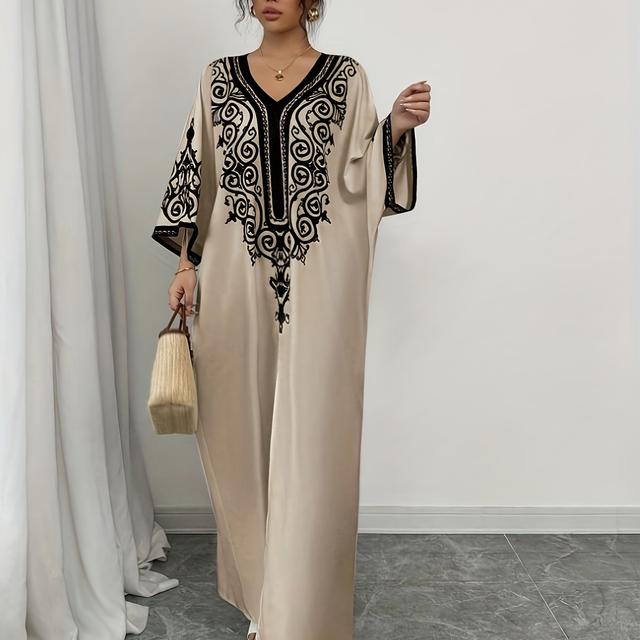 TEMU DJ0416020 Mellanöstern Special V-ringad Positioneringstryck Elegant Långklänning Abaya