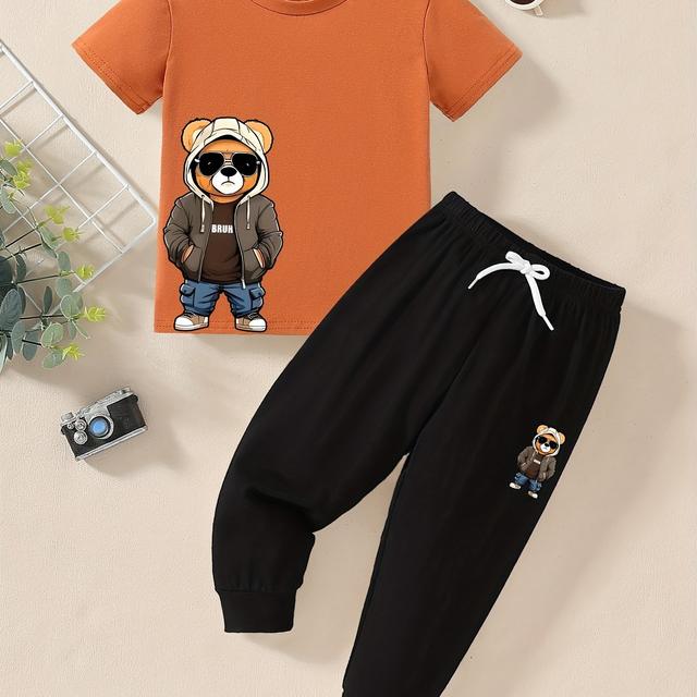 TEMU 2024 Bear Print Children's Clothing For Spring, Summer, And Autumn, Featuring Comfortable Short-sleeve Round Neck And Long Pants, Stylish Boys' T-shirt Set, For Outdoor