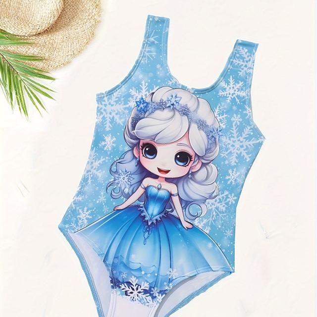 TEMU Girls 1-piece Stretchy & Stylish Cartoon Princess Girl & Snowflake Graphic Print Swimsuit For Pool Party & Beach