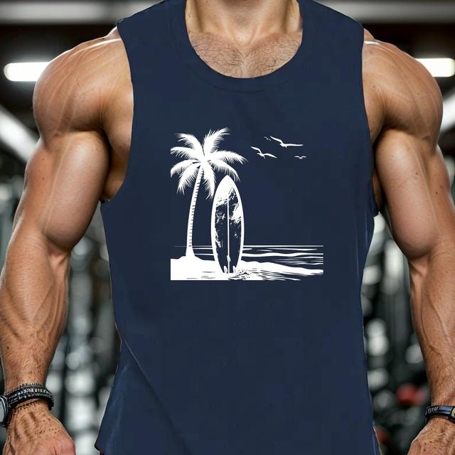 TEMU เสื้อกล้ามคอกลมผู้ชายที่มีลายดีไซน์ทรงเรียบด้วยธีมปาล์มและบอร์ดเซิร์ฟ ผ้าที่ทำจากโพลีเอสเตอร์สำหรับฤดูร้อน มีความยืดหยุ่นเล็กน้อย - ครอบครัว