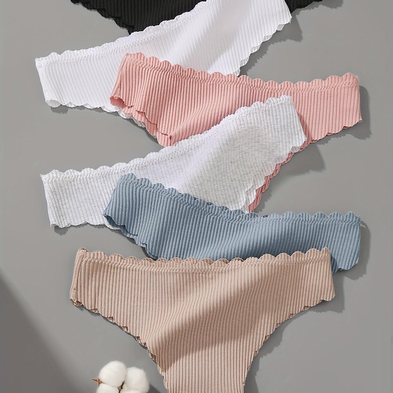 TEMU 6pcs Underwear Set, Simple Seamless Wave- Panties, Women's Thong Panties, Vertical Stripe Ribbed Panties, Low-waist Panties