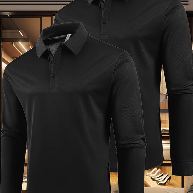 TEMU 남성용 긴팔 폴로 셔츠 2벌 세트, 칼라 디자인으로 스타일리시하고 편리하며 골프 및 캐주얼 오피스룩에 적합