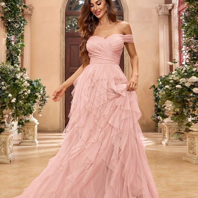 TEMU Damenschulterfreies Rüschen-Tüllkleid – Elegantes langes Festkleid in Soft-Pink-Verlauf, dehnbarer Polyester-Mix für Hochzeiten, Partys & besondere Anlässe (Neues Design 2025)