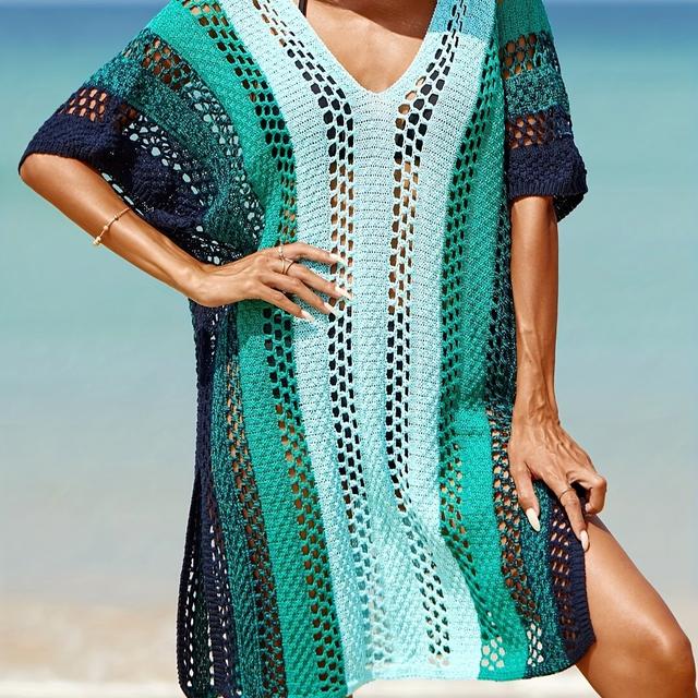 TEMU Gestreiftes, geteiltes Cover-Up-Kleid in großen Größen für den Strandurlaub