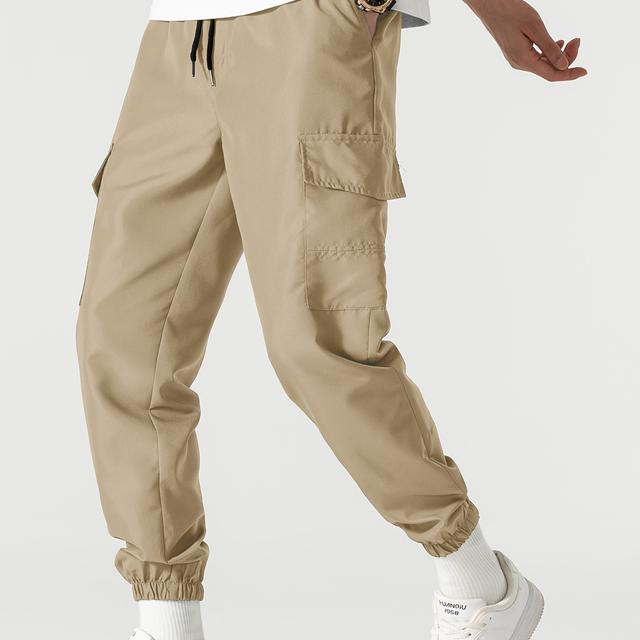 TEMU بنطلون كارجو كاجوال متعدد الجيوب للرجال - مقاس فضفاض، خصر برباط، لون صلب، غير قابل للتمدد لفصل والصيف والخريف - ملابس الشارع المتعددة الاستخدامات