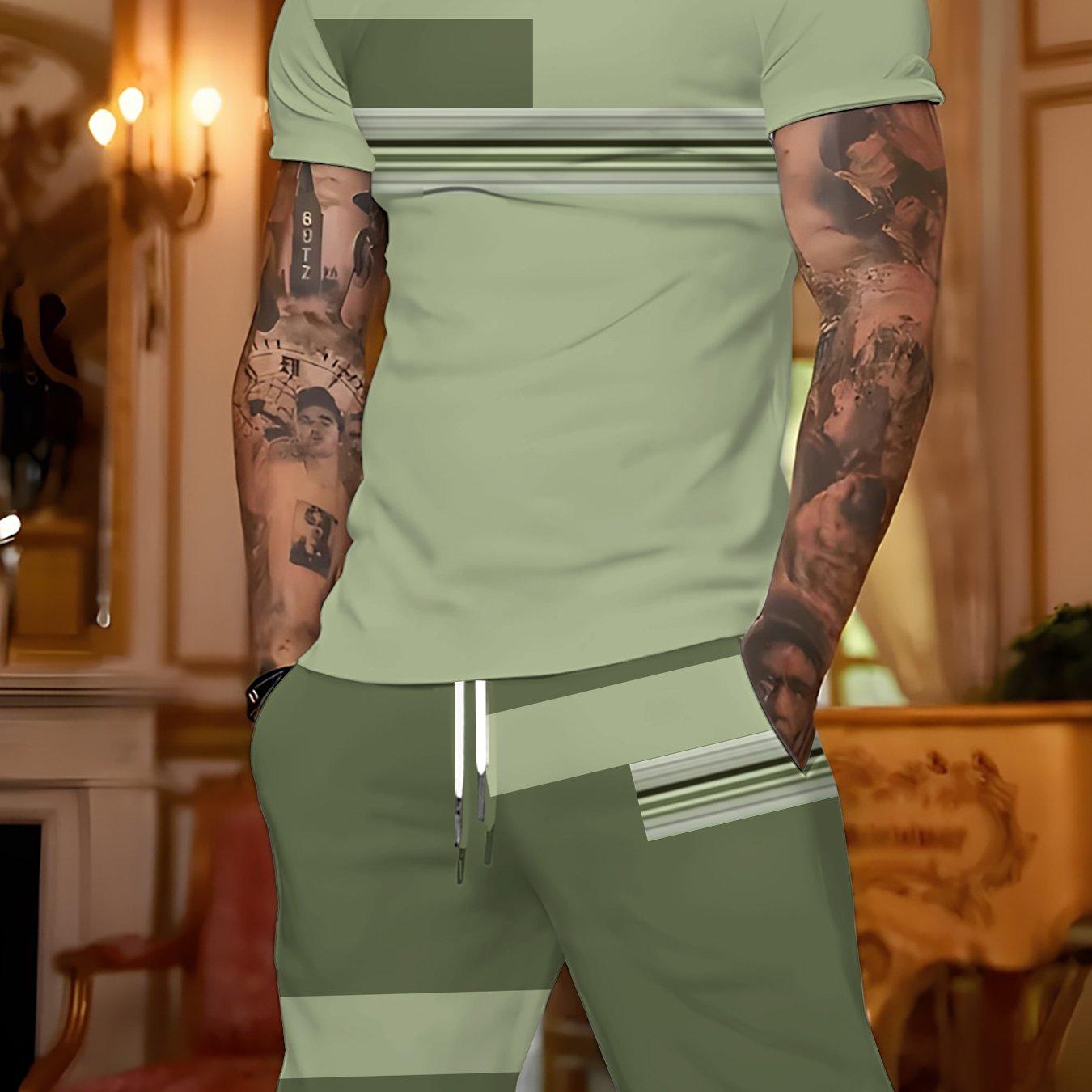 TEMU Conjunto Moderno para Hombre: Camiseta de Manga Corta + Shorts Casuales, Conjunto de Dos Piezas Ajustado para Verano, Moda Masculina