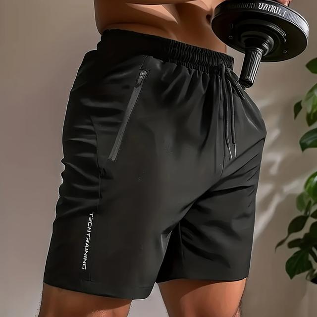 TEMU Men's Casual Black Drawstring Shorts With Zipper Pockets - Lightweight Polyester, Letter Print, Ideal For Summer Workouts & Beach Activities