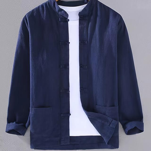 TEMU Men's Four-season Long-sleeve Traditional Chinese Style Button- Stand Collar Shirt Casual Commuter Style, Chinese Size, Please Check The Size Guide