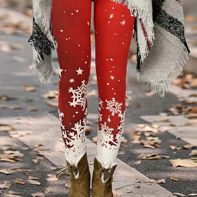 TEMU Plus Size, Snowflake Christmas Print Leggings Casual Women's Pants