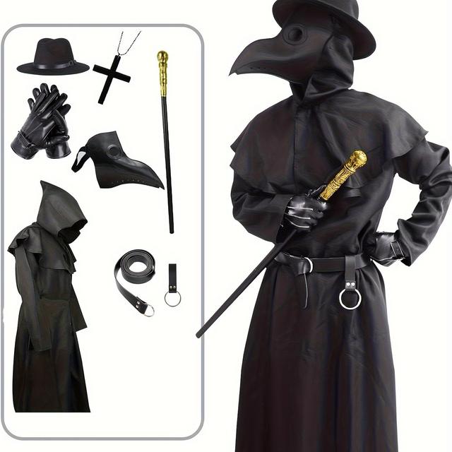 TEMU Een Halloween-outfit ideaal voor Pestartsen, met een zwarte cape en een masker in de vorm van een vogelbek