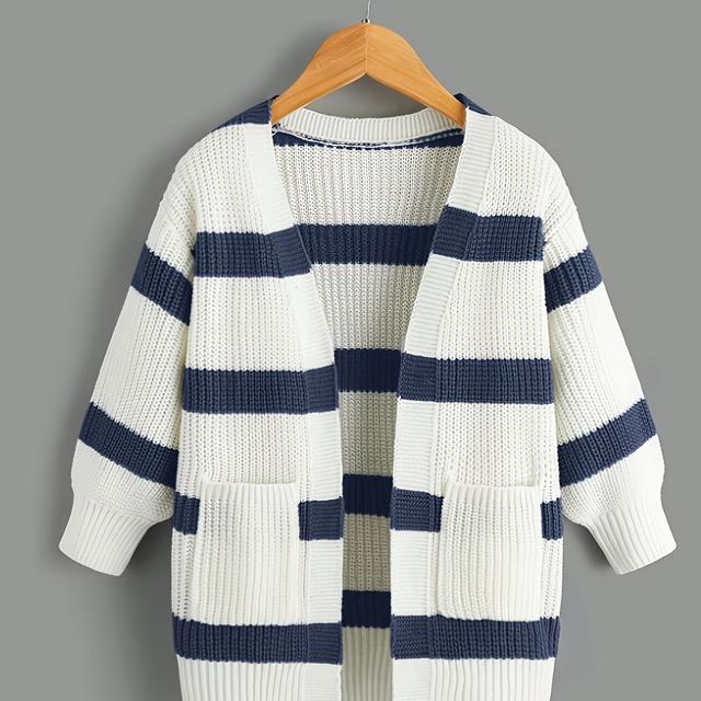 TEMU Gilet à rayures long pour enfants de 8 à 12 ans | Col en V, manches longues, poches, tissu légèrement extensible, idéal pour les jeux en extérieur et