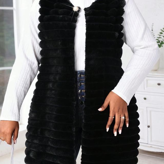 TEMU Plus Size, Ladies' Autumn/winter Elegant Black Plush Button-up Oversized Puffy Coat Winter Set Fall Clothing