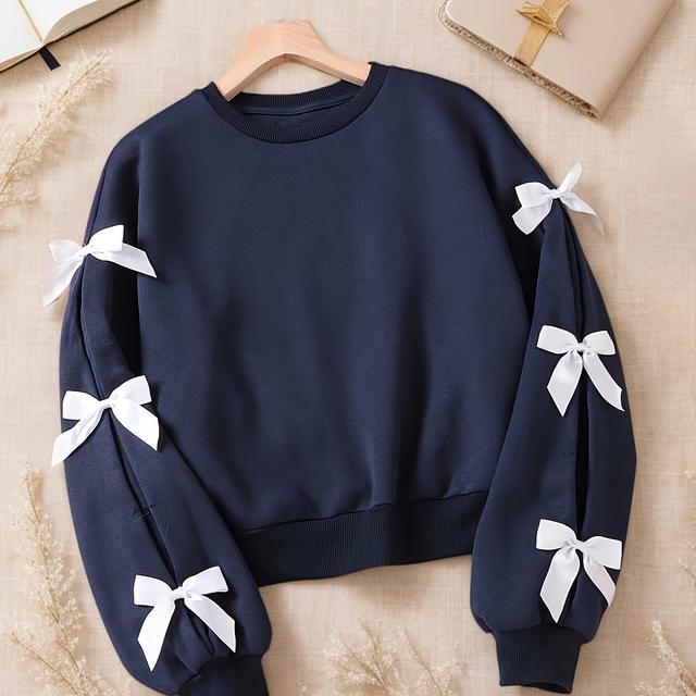 TEMU Girls' Navy Bow Detail Long Sleeve Sweatshirt - Soft Stretchy Knit Round Neck Pullover, Loose Fit Casual Top For , Apparel, Design,