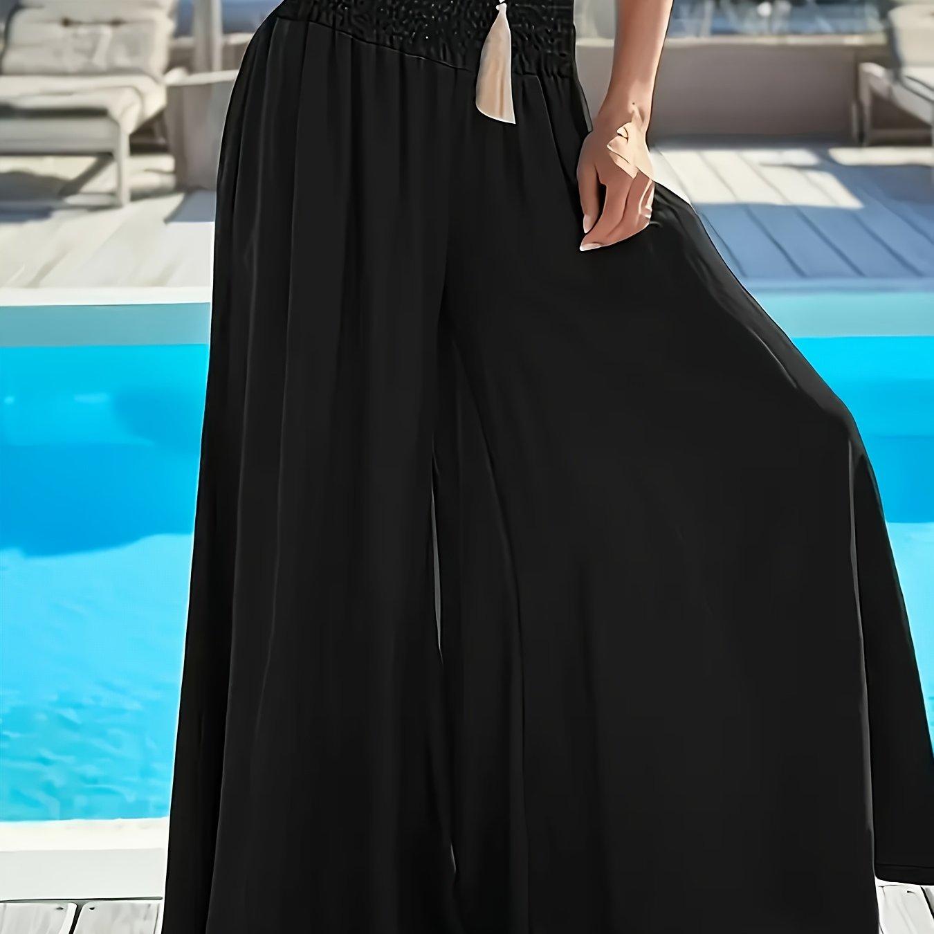 TEMU Plus Size Women's Elastic Waist Wide Leg Pants - Middle Eastern-inspired Smocked Detailing, Solid Color For Casual & Resort Wear, Collection, Comfortable Leisurewear, Gathered Waist