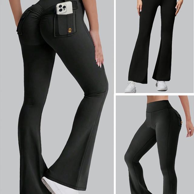 TEMU Y2k Wide Waistband High Elasticity Soft Non-see-through Stylish Pocketed Fitted -lifting Workout Flared Pants Leggings Cargo Pants