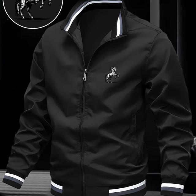 TEMU Chaqueta de Hombre con Estampado de Carreras de Caballos y Ecuestre - Abrigo Ligero con Cuello y Cremallera, Adecuado para Otoño/Invierno, Ropa de Abrigo Temática de Caballos Lavable a Máquina