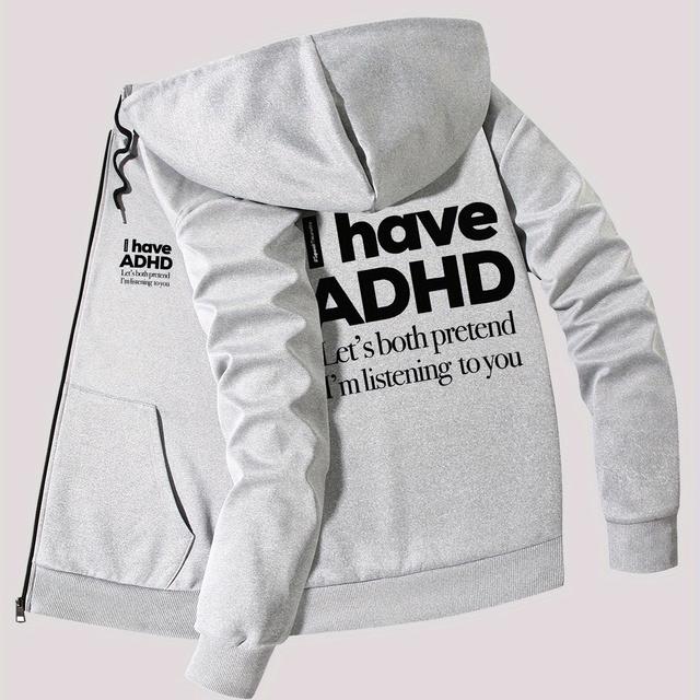 TEMU Men's Adhd Awareness Hooded Jacket With "i Have Adhd" Slogan Print, Slim-fit Zipper Closure Winter Coat, Adhd Symbol & , Machine Washable Casual Outerwear For Adhd & Daily Use