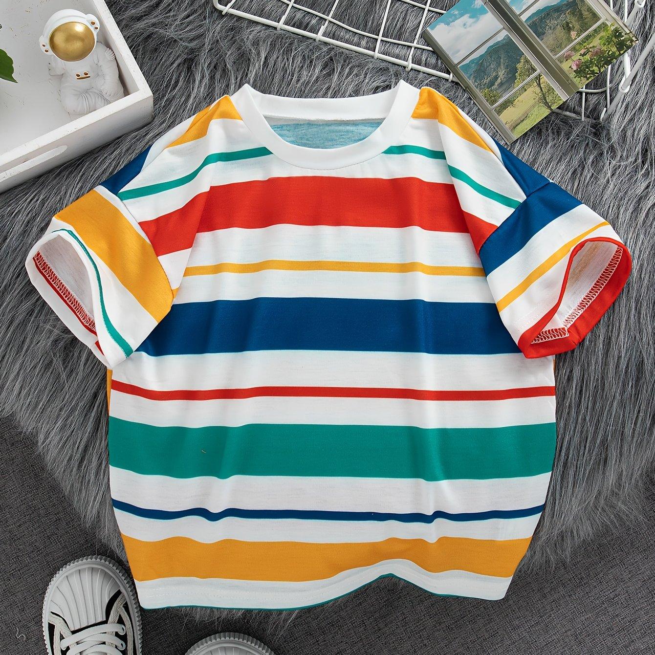 TEMU Summer Casual Outing Round Neck Short Sleeve Printed Stripe Pattern Regular Top Boys' Fashion T-shirt