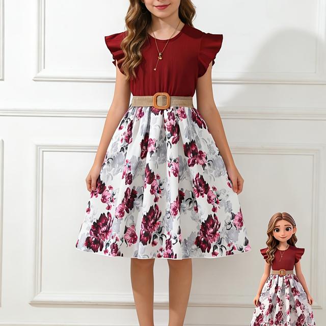 TEMU Floral Dress - Perfect For Vacations, Featuring Ribbed Texture And Flowing Sleeves, Ideal For Casual Wear