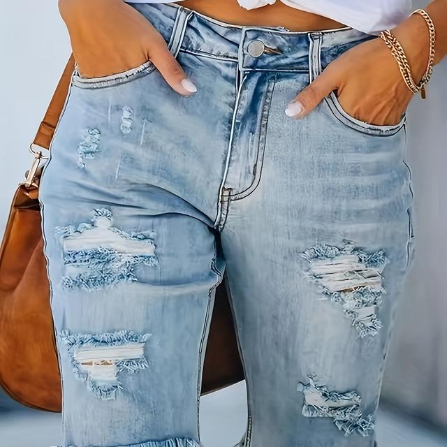 TEMU Women's Stretchy Ripped Denim Bermuda Shorts, , Hem, Light Wash Jean Shorts Jorts