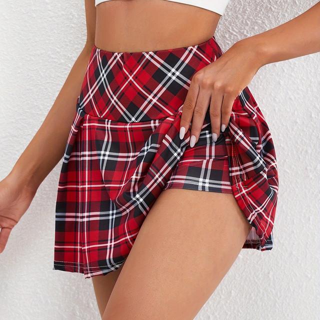 TEMU Women's High-waisted Sports Skort - Yellow, Black & White Checkered Design With Adjustable Drawstring, Stretchy & Breathable Fabric For Casual Or Wear, High Waisted Skort,