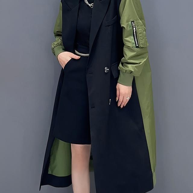 TEMU Japanese-style Suit-inspired Casual Long Trench Coat With Color-blocking And A Loose Cardigan-