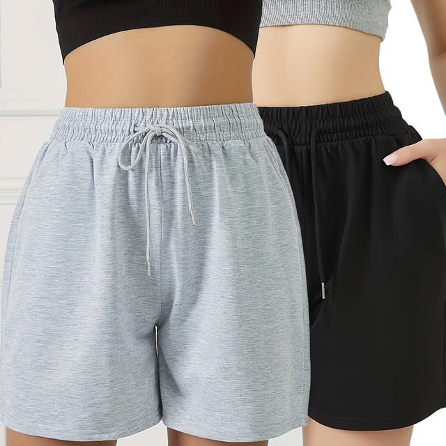 TEMU 2pcs Women's Lightweight Summer Shorts - Elastic Drawstring Waist With Pockets, Loose Fit Breathable Polyester Workout Shorts For Running, Gym & Casual Wear (black & White)