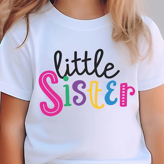 TEMU Adorable 'little Sister' Graphic Tee For Girls - Soft Polyester Blend, Short Sleeve, Round Neck - Top