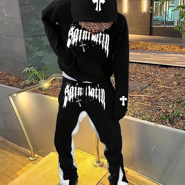 TEMU Men's Casual Outfit Featuring A Print, Consisting Of A Hoodie With Flared Trousers.