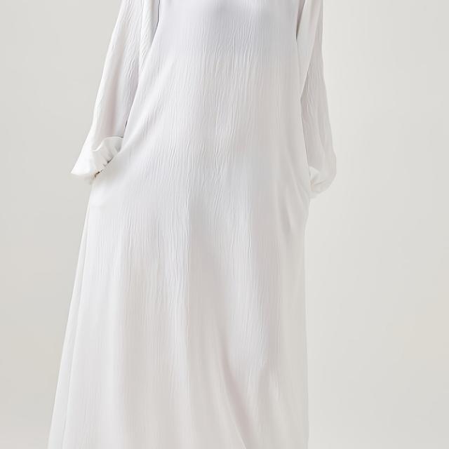 TEMU Comfortabele & Casual Kleur Moslim Jurk met Plooien, Elastische Manchetten en Vloeiende - Polyester, Machinewasbaar