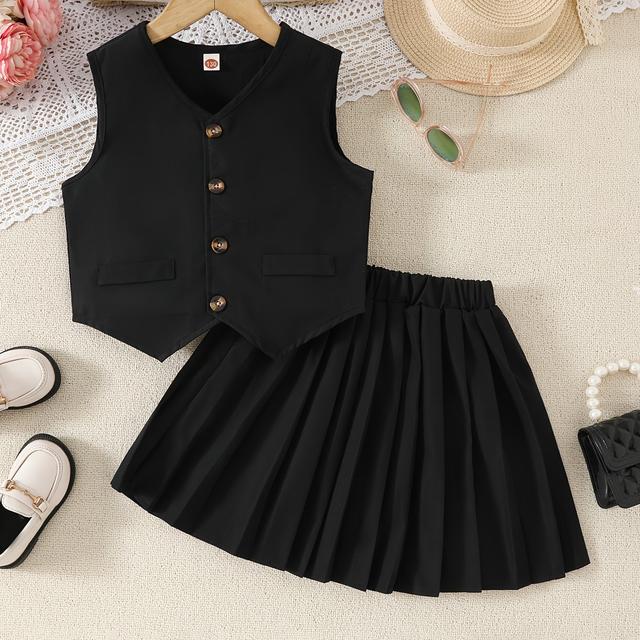 TEMU Solid Color Single-breasted Slit Suit Vest Summer Pleated Skirt Two-piece Suit