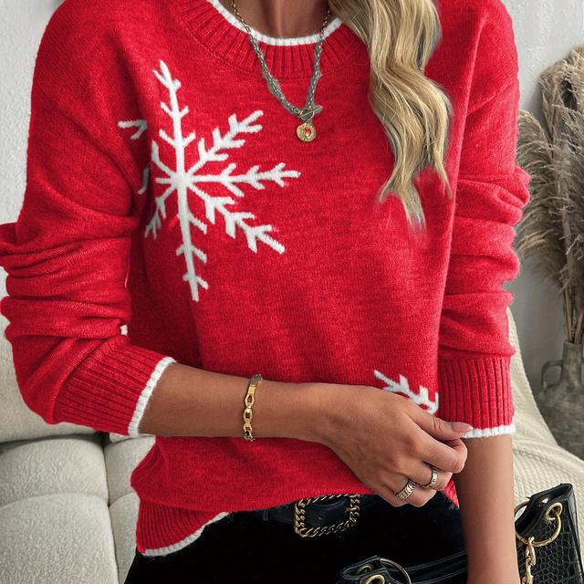 TEMU European And American Autumn And Winter Pullover Knitted Sweater With Snowflake Jacquard, Round Neck Women's Top.